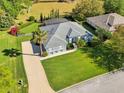 Aerial shot of a well-maintained home with a spacious yard, pool, and surrounding greenery at 3225 Site To See Ave, Eustis, FL 32726