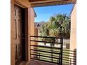 View of the front door showing the front door and railing with palm trees outside of the house at 5214 Via Hacienda Cir # A308, Orlando, FL 32839