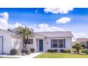 A close up of the entrance to a one-story home featuring blue shutters and a small palm tree at 773 Artesia Ave, The Villages, FL 32162