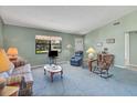 Cozy living room featuring comfortable seating, soft blue carpeting, and natural light from a window at 1033 Scotch Pine Ct, Leesburg, FL 34788
