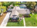 Aerial view of a single-Gathering home with a large yard, mature trees, and a screened-in pool area at 1494 Grace Lake Cir, Longwood, FL 32750