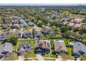 Expansive aerial shot of a residential neighborhood with lush greenery, a lake, and community pools at 13519 Bristlecone Cir, Orlando, FL 32828