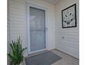 Close-up of a well-lit entryway featuring a white door and a decorative plant accenting the entrance at 1829 Foxwood Ln, The Villages, FL 32162