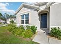 Close-up of a home's front entrance, showcasing the front door, landscaping, and architectural details at 2916 Canary Ln, Tavares, FL 32778