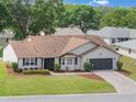 Inviting one-story home with a lush green lawn, colorful landscaping, and a convenient two-car garage at 6410 Tildon Ct, Leesburg, FL 34748