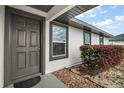 Charming front entry with a gray six-panel door, decorative stone, and neatly trimmed bushes at 12370 Se 100Th Ct, Belleview, FL 34420