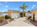 Charming home with a well-maintained lawn, mature palm tree, and a paved driveway leading to an attached one-car garage at 1536 Barnwell Pl, The Villages, FL 32162