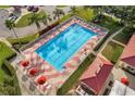 Aerial view of a large community pool surrounded by lounge chairs and well-maintained landscaping at 26535 Deuce Ct, Leesburg, FL 34748