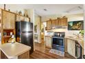 Functional kitchen with stainless steel appliances and wood-look cabinetry at 1639 W Schwartz Blvd, The Villages, FL 32159