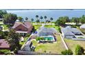 Expansive backyard featuring a screened pool, lush greenery, and a charming shed, complemented by stunning water views at 2037 Lakeshore Dr, Mount Dora, FL 32757