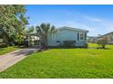 Charming single-story home featuring a lush green lawn, carport, and mature palm tree at 501 Santa Fe Rd, Tavares, FL 32778