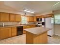 Bright kitchen featuring oak cabinetry, a center island, and modern black appliances, ideal for cooking and entertaining at 10166 Cr 671, Bushnell, FL 33513