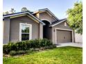 Attractive home showcasing a neutral color scheme, a two-car garage, and lush green lawn at 27 Perch Dr, Kissimmee, FL 34759