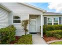 Inviting home entrance with a decorative front door and manicured landscaping at 870 Danforth Ct, The Villages, FL 32162
