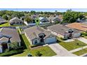 An aerial view showcasing a well-maintained home with a manicured lawn in a suburban neighborhood at 15501 Markham Dr, Clermont, FL 34714