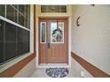 Charming front door featuring decorative wreath and sidelight window at 3828 Arbordale Ct, Leesburg, FL 34748