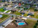Aerial view of a residential neighborhood with community pool, showcasing the home's location at 37045 Scenic Ridge Dr, Grand Island, FL 32735