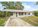 Inviting single-story home with tidy front lawn, driveway, and purple trimmed windows at 706 Michigan St, Mount Dora, FL 32757