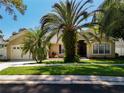 Traditional home features a lush lawn, mature palm trees, beautiful front yard landscaping and an attached two car garage at 13319 Via Roma Cir, Clermont, FL 34711