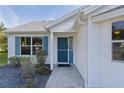 Charming home entrance with a vibrant blue front door and beautifully landscaped walkway at 1142 Salido Ave, The Villages, FL 32159