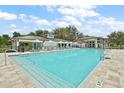 Community pool features clear blue water, umbrella-shaded seating, and a spacious deck for residents to enjoy at 12129 Grand Oak Ln, Oxford, FL 34484