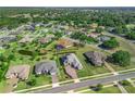 A captivating aerial shot of a residential neighborhood with mature trees, manicured lawns, and houses with backyard pools at 39653 Grove Hts, Lady Lake, FL 32159