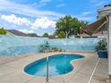 Private backyard pool with a mural, a small fountain, and concrete pool deck at 632 Delgado Ave, The Villages, FL 32159