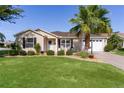 Delightful single-story home showcases a verdant lawn, decorative shrubs, and a majestic palm tree, creating an inviting appeal at 334 Shiloh Ct, The Villages, FL 32162