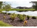 Scenic backyard view featuring a tranquil pond and manicured landscaping at 8492 Hartford Way, Mount Dora, FL 32757