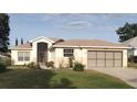 Charming single-story home boasts a well-manicured lawn and an inviting screened entryway and two-car garage at 5075 China Sea Dr, Tavares, FL 32778