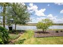 Lush backyard with serene lake views, mature trees, and manicured landscaping, offering a peaceful retreat at 8664 Bridgeport Bay Cir, Mount Dora, FL 32757