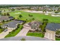 Aerial view of a single-story home with mature landscaping, a brick driveway, and a golf course view at 2954 Cedar Grove Loop, The Villages, FL 32163