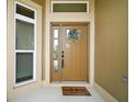 Inviting front door with decorative glass and a 'Welcome Home' mat, framed by sidelight windows at 892 Hubbard Loop, The Villages, FL 32163