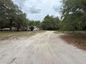 Wide shot of a home down a sandy drive with mature trees in a rural setting at 1203 High St, Wildwood, FL 34785