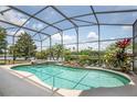 Inviting screened pool with a waterfall feature and serene views of the surrounding landscape at 2457 Bar Harbor, Mount Dora, FL 32757