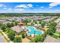 Aerial view showcases a community pool with lounge chairs, cabana, and surrounding neighborhood at 678 Blackstone St, Minneola, FL 34715