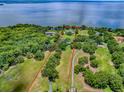 Aerial view of lakefront property showing the property lines surrounded by mature trees and a sprawling lawn at 11226 Lane Park Rd, Tavares, FL 32778
