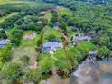 Expansive lakefront property with a beautiful lawn, mature trees, and property line highlighted in red at 11226 Lane Park Rd, Tavares, FL 32778