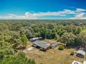 Aerial view of a home with a screened-in pool surrounded by lush greenery and a detached garage at 27610 Debbie Rd, Okahumpka, FL 34762