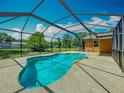 A kidney-shaped screened-in pool is surrounded by a concrete deck at 27610 Debbie Rd, Okahumpka, FL 34762