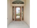 Elegant wood front door with decorative glass panels and sidelights, enhancing curb appeal at 3405 Nursery Pl, The Villages, FL 32163