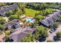 Aerial view showcases the community pool, lush landscaping, and well-maintained buildings at 130 Southern Pecan Cir # 204, Winter Garden, FL 34787