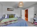 Comfortable bedroom featuring a cozy bed with decorative pillows and blanket, plus a stylish wicker light fixture at 1311 Rain Forest Ln, Minneola, FL 34715