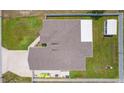 Top-down aerial view of a fenced backyard, with a shed, patio and well-maintained landscaping at 15022 Se 94Th Ct, Summerfield, FL 34491