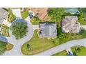Aerial view of a gray roofed home with a long driveway surrounded by lush landscaping in a peaceful neighborhood at 8980 Se 176Th Limerick Ln, The Villages, FL 32162