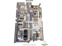 Detailed floor plan showcasing the layout of the Solara home, including bedrooms, living spaces, and a two-car garage at 1191 Stratton Ave, Groveland, FL 34736