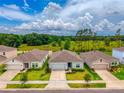 A bird's eye view shows the neighborhood with manicured lawns and lush green surroundings, offering a peaceful setting at 33960 Sky Blossom Cir, Leesburg, FL 34788