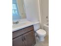 Neutral bathroom with a dark vanity, white countertop, bathtub and a large mirror at 358 Switchgrass Loop, Minneola, FL 34715