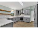 Updated kitchen featuring gray cabinetry, modern appliances, and stylish backsplash at 717 Southeast 46Th Ct, Ocala, FL 34471