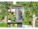 Aerial view of the backyard featuring mature trees, landscaping, shed, and fenced in area at 410 E Gulley Ave, Oakland, FL 34760